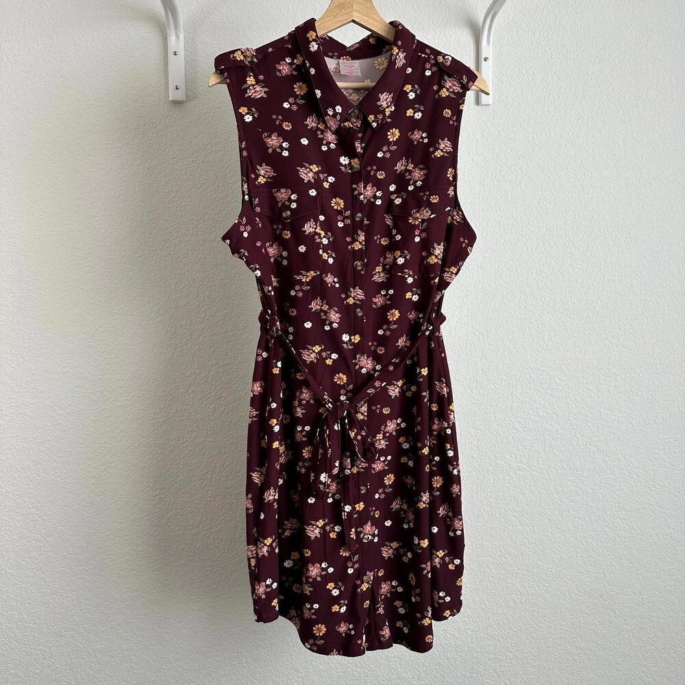 XXL Women’s No Boundaries Floral Button Down Mini Dress - Maroon Yellow Pink